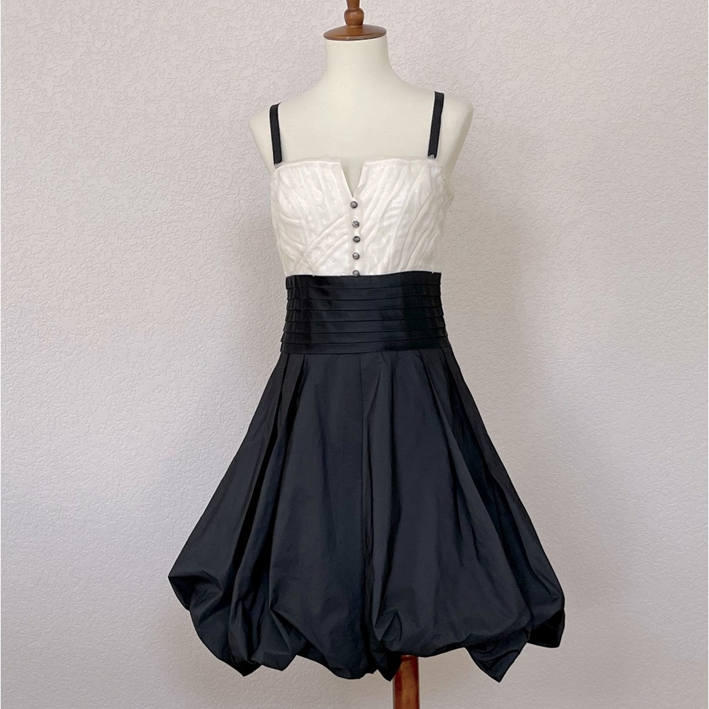 NWOT—BCBG max Azria, black and off white tuxedo dress with bubble hem